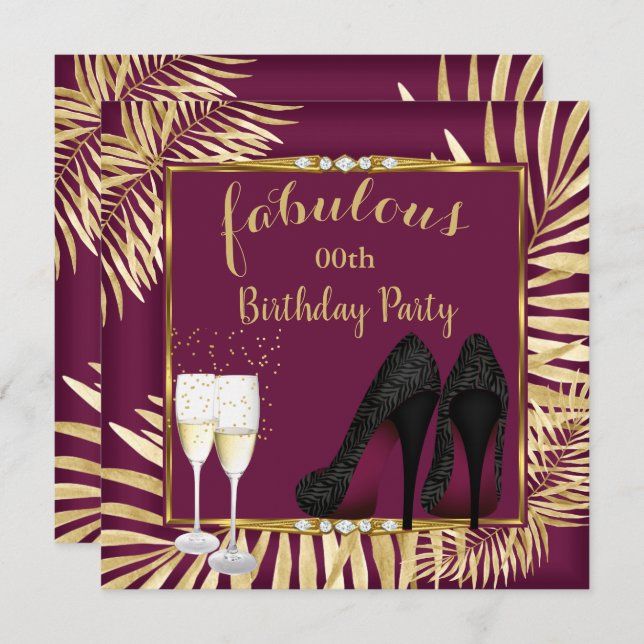 Fabulous Burgundy Gold Palms zebra Champagne Party Invitation (Front/Back)