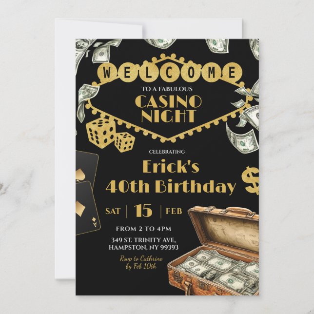 Fabulous Casino Night 40th 50th Adult Birthday Invitation (Front)