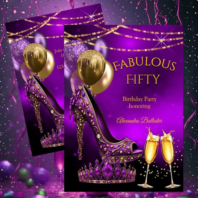 Fabulous Champagne birthday party Purple Gold Heel Invitation (Creator Uploaded)