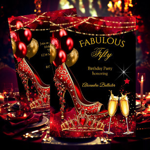 Fabulous Champagne birthday party Red Gold Heel Invitation