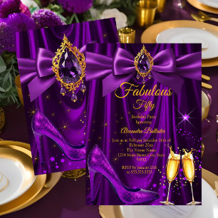 Fabulous Champagne birthday Purple Gold Heel Gem Invitation