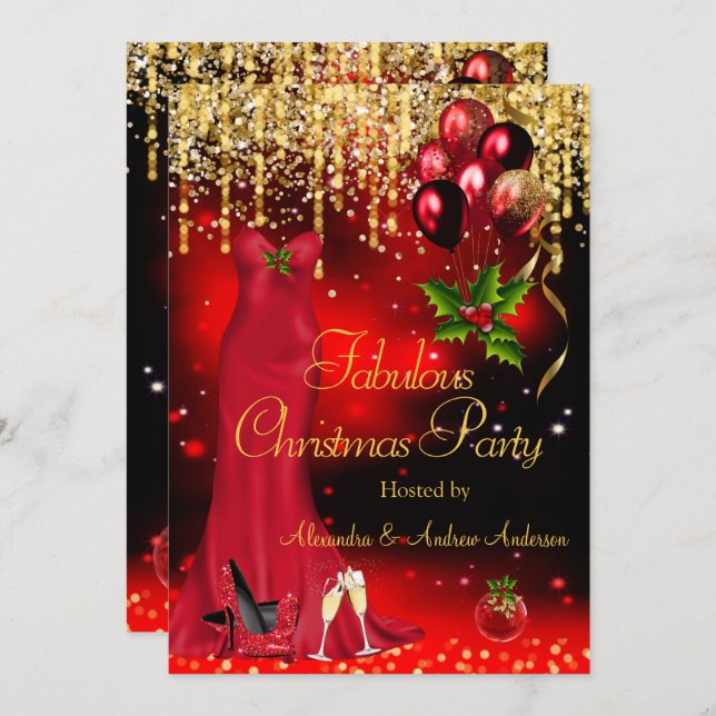 Fabulous Christmas Holiday Party Red Glitter Gold  Invitation (Front/Back)