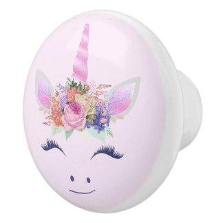 Fabulous Cute Unicorn Flowers Face 2 Ceramic Knob