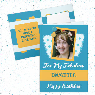 Fabulous daughter photo name blue yellow birthday card