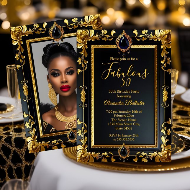 Fabulous Elegant Birthday Photo Gold Black Jewels Invitation (Creator Uploaded)
