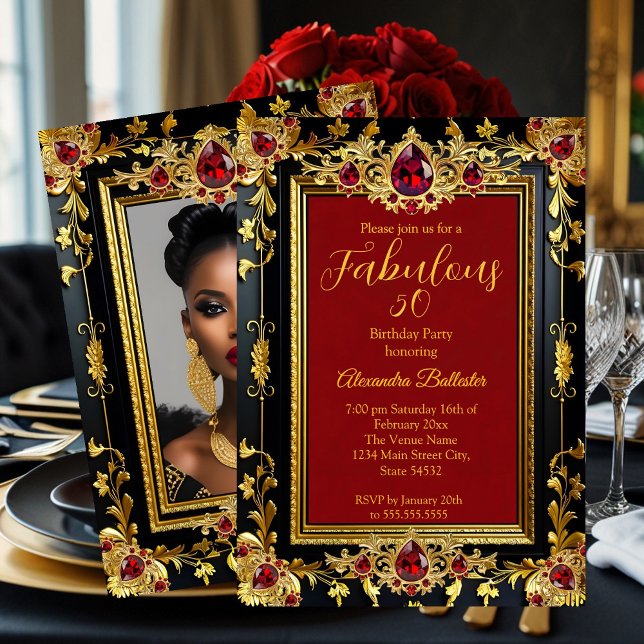 Fabulous Elegant Birthday Photo Red Gold Black Gem Invitation (Creator Uploaded)