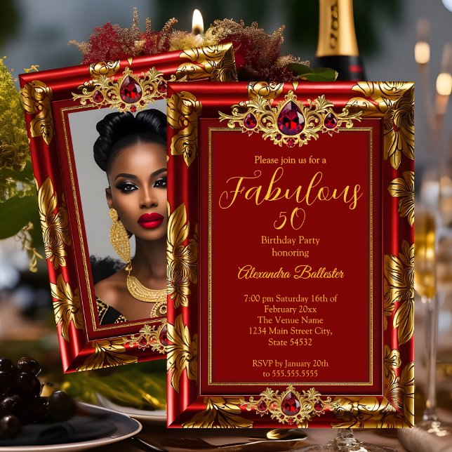 Fabulous Elegant Birthday Photo Red Gold Jewels Invitation (Creator Uploaded)