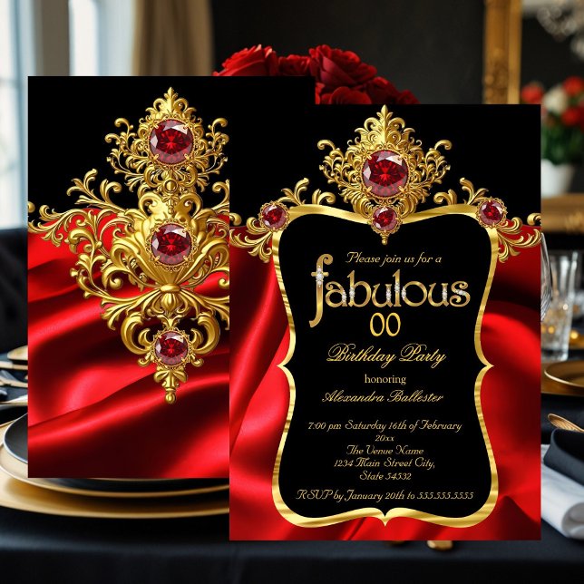 Fabulous Elegant Birthday Red Silk Gold Gems Invitation (Creator Uploaded)