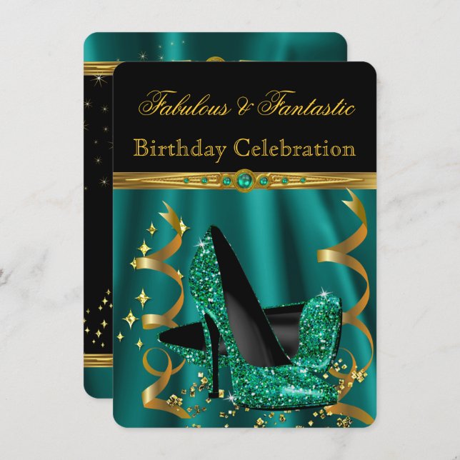 Fabulous Emerald Green Gold Heels Birthday Party Invitation (Front/Back)