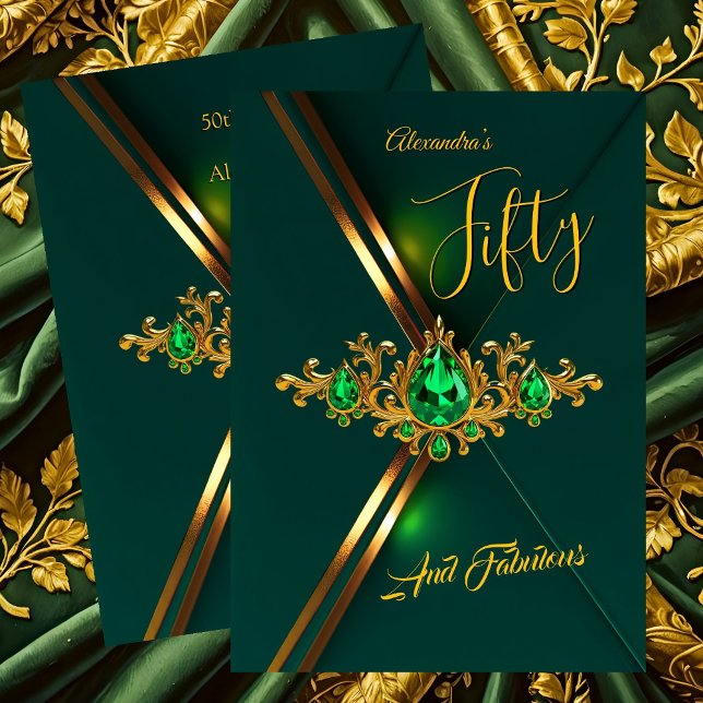 Fabulous Fifty Birthday Emerald Green Gold Gems Invitation (Creator Uploaded)