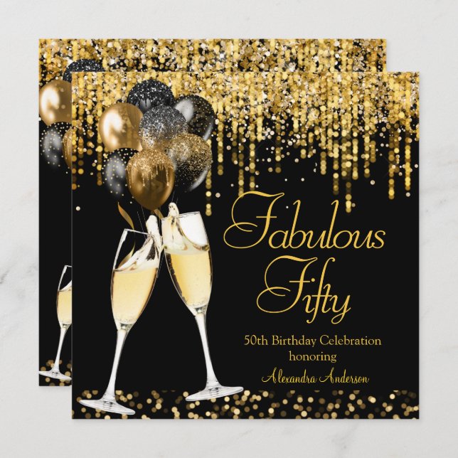 Fabulous Fifty Birthday Glitter Gold Champagne SQ Invitation (Front/Back)