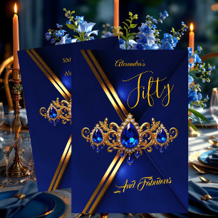 Fabulous Fifty Birthday Royal Blue Gold Gems Invitation