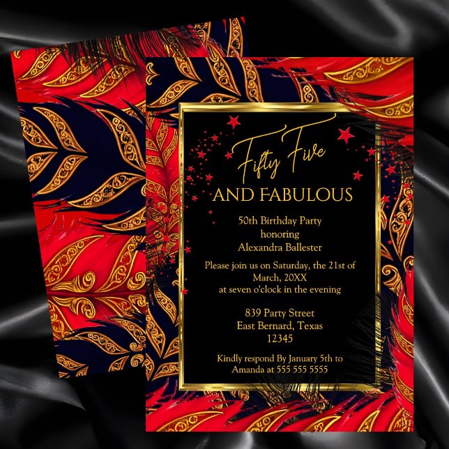 Fabulous Fifty Five Birthday Red Gold Feathers Invitation (Creator Uploaded)