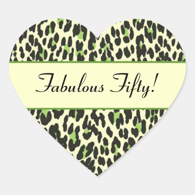 Fabulous Fifty Green Leopard Birthday Heart Sticker (Front)