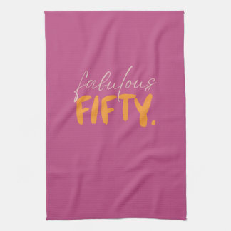 Fabulous Fifty Pink and Orange Typography Tea Towel