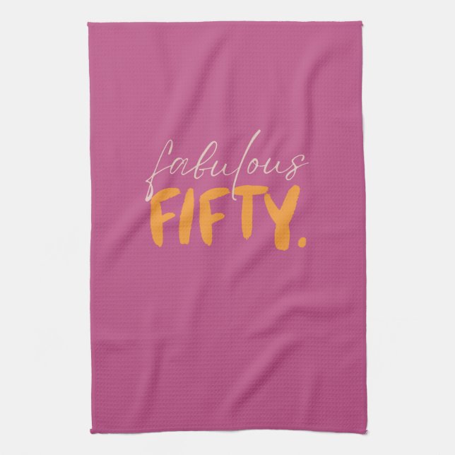 Fabulous Fifty Pink and Orange Typography Tea Towel (Vertical)