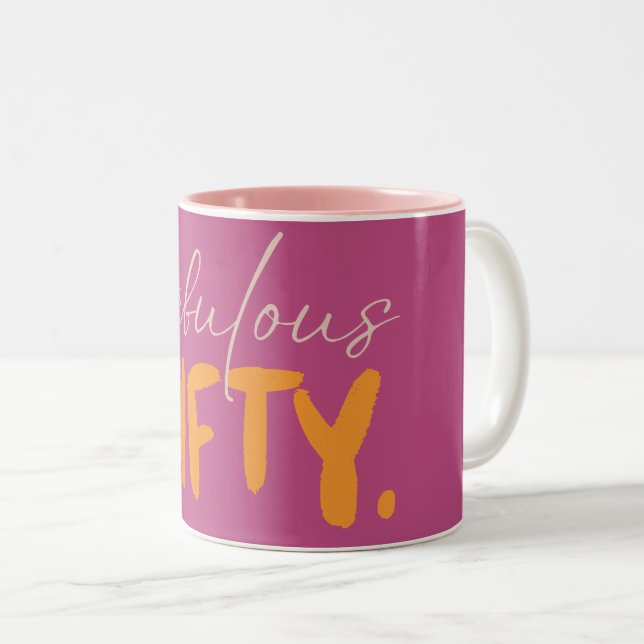 Fabulous Fifty Pink and Orange Typography Two-Tone Coffee Mug (Front Right)