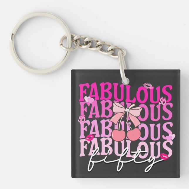 Fabulous Fifty Pink Gradient Cherry Bow Birthday Key Ring (Front)