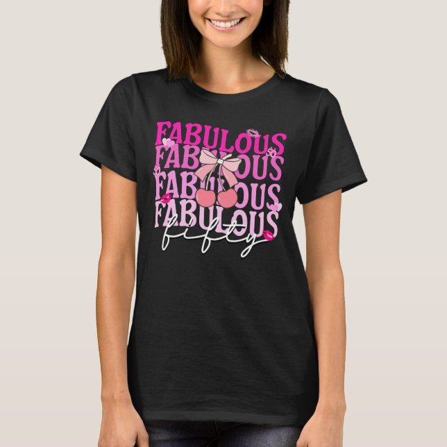 Fabulous Fifty Pink Gradient Cherry Bow Birthday T-Shirt (Front)
