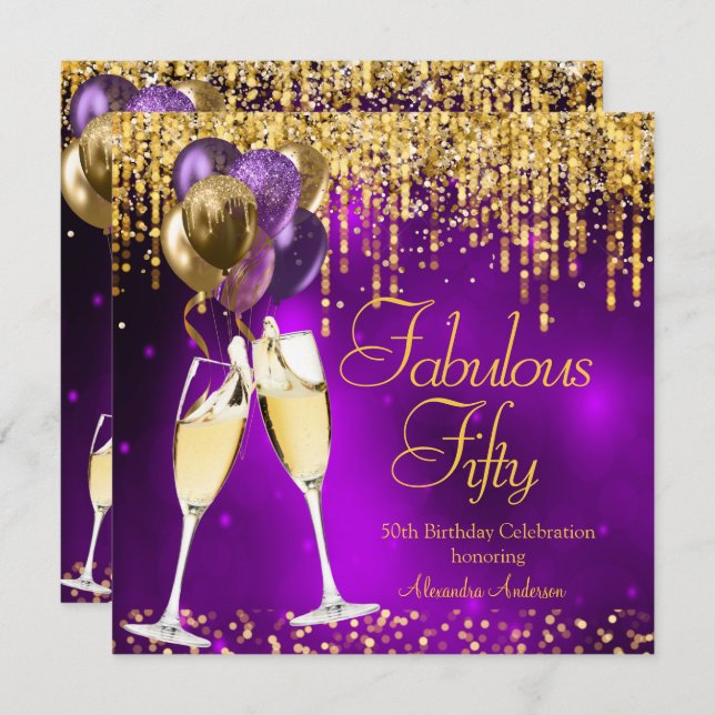 Fabulous Fifty Purple Glitter Gold Champagne SQ Invitation (Front/Back)