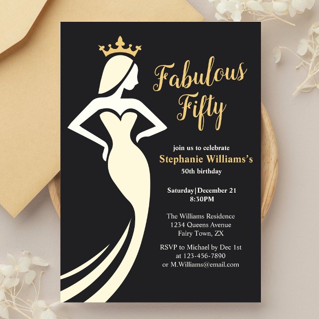 Fabulous Fifty Queen Golden Black 50th Birthday Invitation (Creator Uploaded)