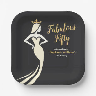 Fabulous Fifty Queen Golden Black 50th Birthday Paper Plate