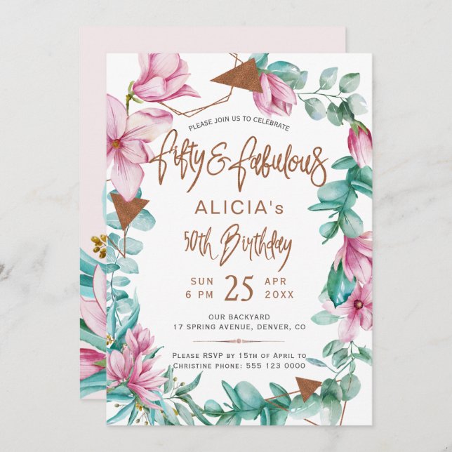 Fabulous Fifty watercolor floral 50th birthday Invitation (Front/Back)