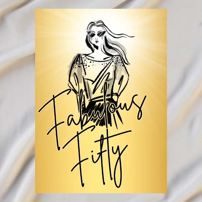 Fabulous Fifty Woman Gold Sketch 50th Birthday Invitation (Creator Uploaded)
