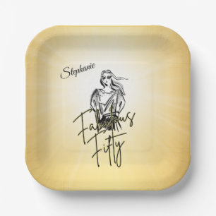 Fabulous Fifty Woman Gold Sketch 50th Birthday Paper Plate