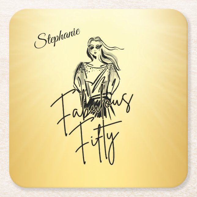 Fabulous Fifty Woman Gold Sketch 50th Birthday Square Paper Coaster (Front)