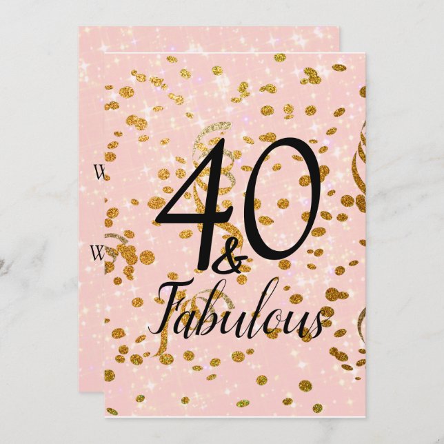 Fabulous Forty Pink Stars Gold Confetti Birthday Invitation (Front/Back)