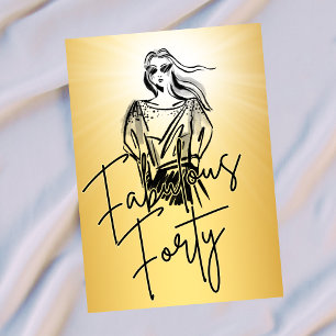 Fabulous Forty Woman Gold Sketch 40th Birthday Invitation