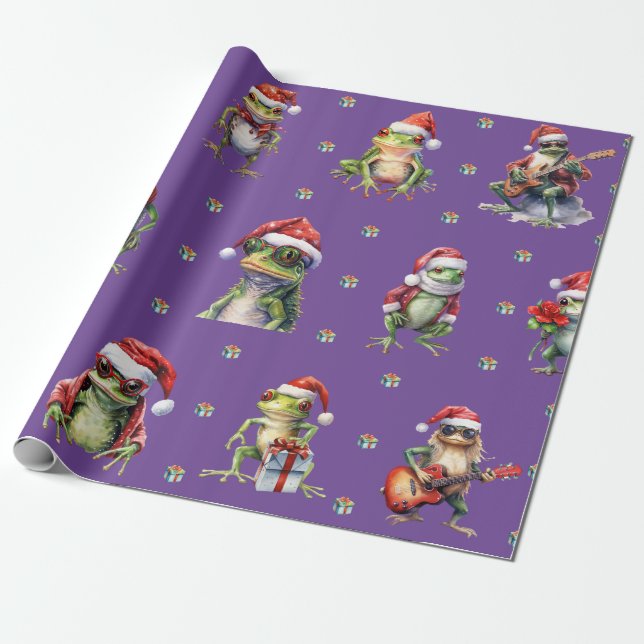 Fabulous Frog Rock Band Christmas Holiday Purple Wrapping Paper (Unrolled)