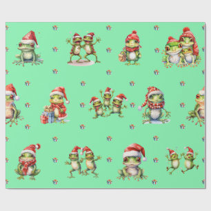 Fabulous Frogs Christmas Holiday on Green Wrapping Paper