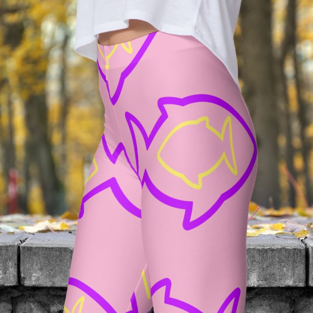 Fabulous Fun Pink and Purple Fin Pattern Leggings (Purple Fin on Light Pink)
