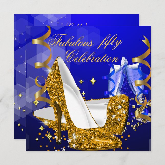 Fabulous Glitter Blue Gold High Heel Birthday 5 Invitation (Front/Back)