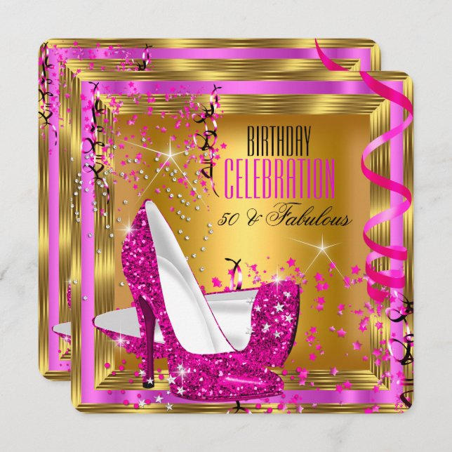 Fabulous Glitter Pink High Heels Gold Birthday 2 Invitation (Front/Back)