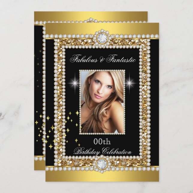 Fabulous Gold Black Glamour Hollywood Diamond Invitation (Front/Back)