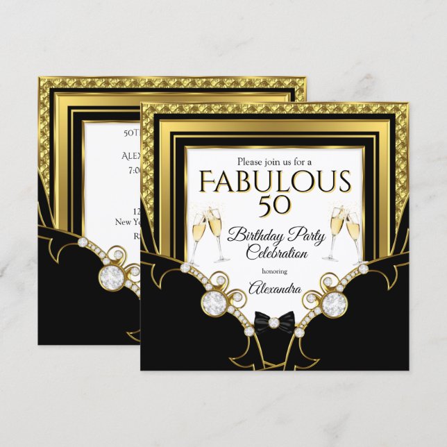 Fabulous Gold Jewel Black Champagne Birthday Party Invitation (Front/Back)