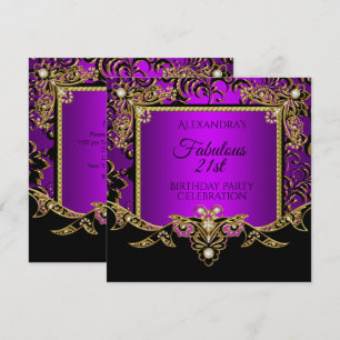 Fabulous Gold Purple Black 21st Birthday Party Invitation