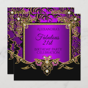 Fabulous Gold Purple Black 21st Birthday Party Invitation