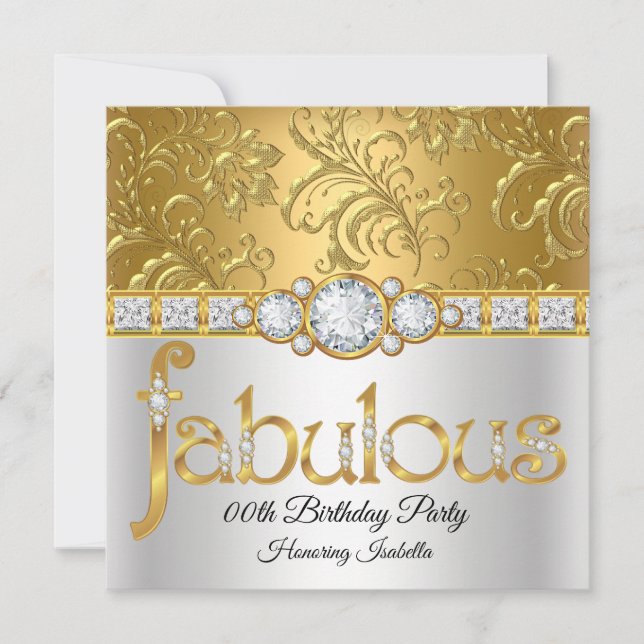 Fabulous Gold White Damask Diamond birthday party Invitation (Front)