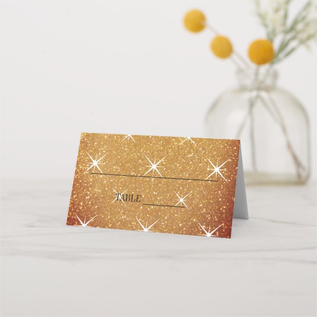 Fabulous golden glitter wedding table place cards (Front)