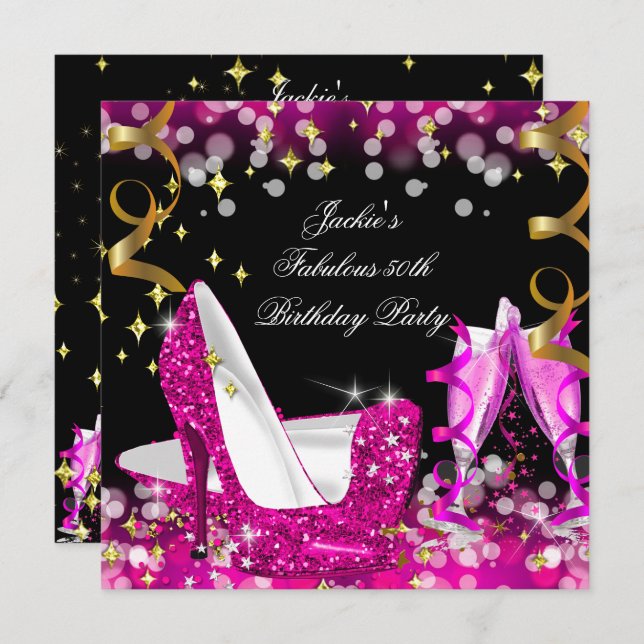 Fabulous Hot Pink Glitter High Heel 50th Birthday Invitation (Front/Back)