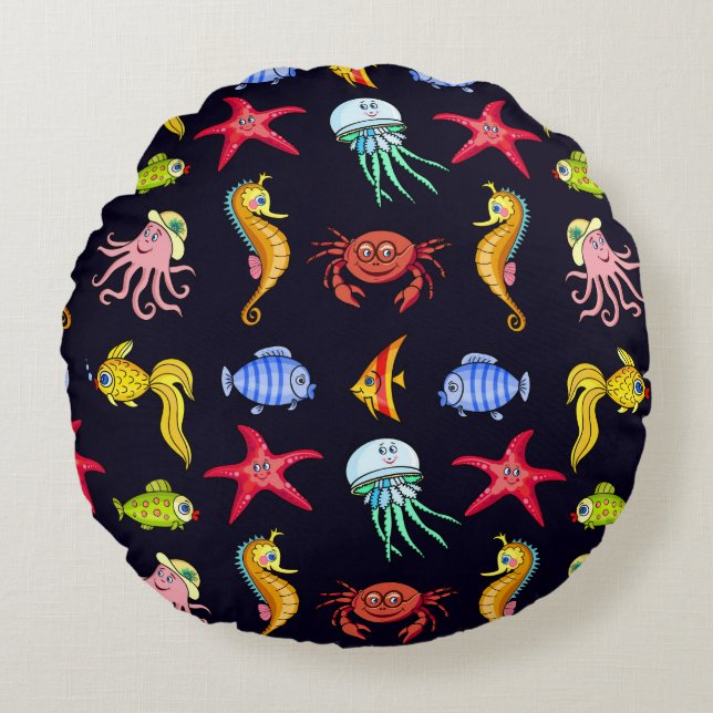 Fabulous nautical pattern with a fun orange sea ho round cushion (Front)