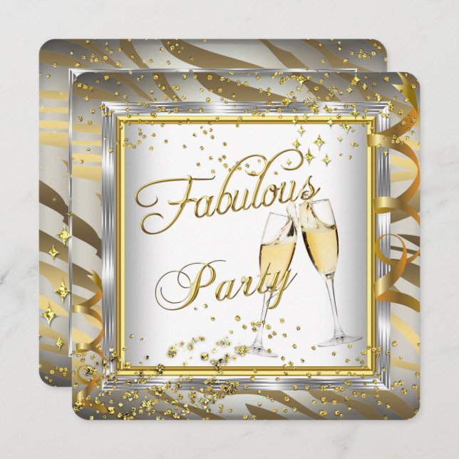 Fabulous Party Champagne Zebra Cream Gold Silver 2 Invitation (Front/Back)