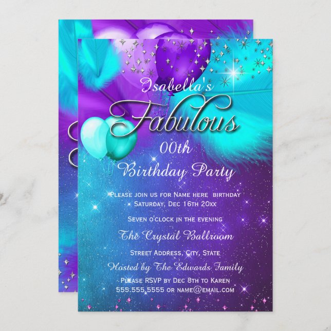 Fabulous Party Teal Blue Purple Silver Balloons Invitation (Front/Back)