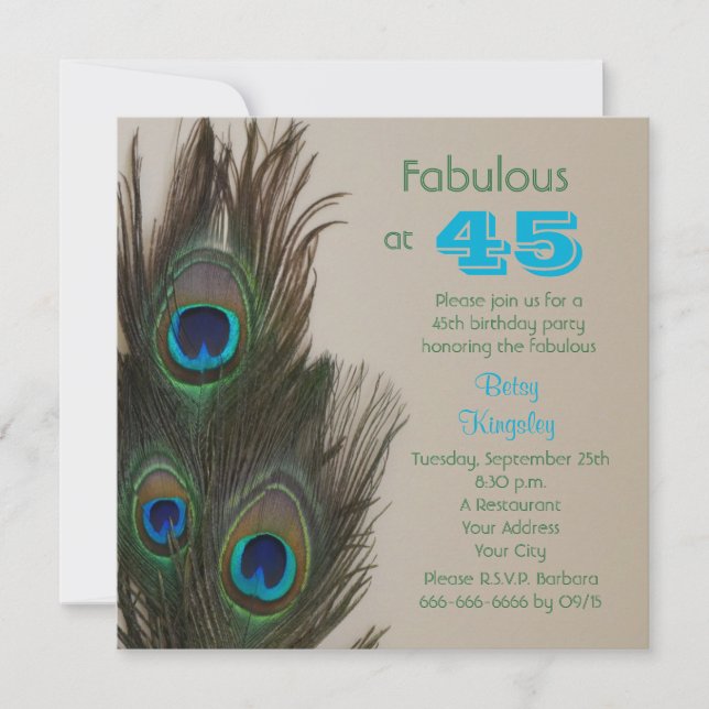 Fabulous Peacock 45th Birthday Party Invitation (Front)