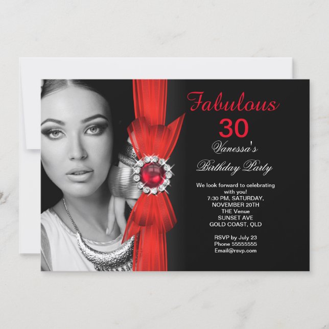Fabulous Photo Birthday Party Deep Red Black Invitation (Front)
