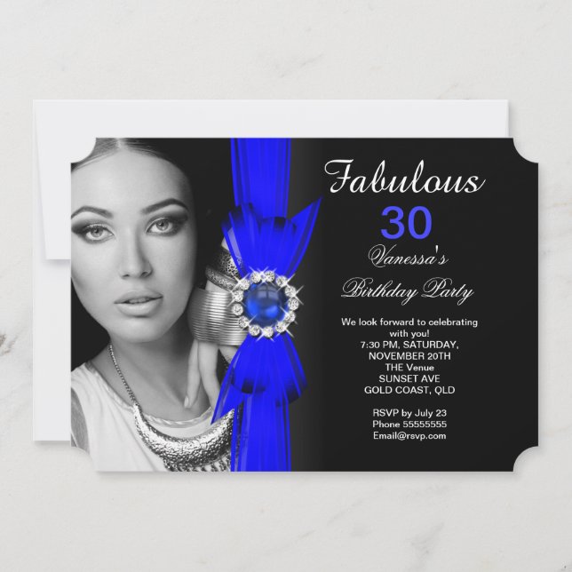 Fabulous Photo Birthday Party Royal Blue Black Invitation (Front)